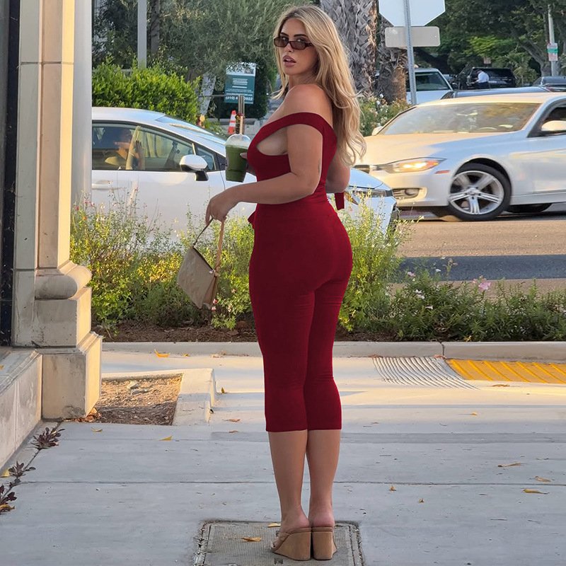 European and American Cross-Border 2026 Summer New Women's Fashion Simple One-Shoulder Cropped Pants with Straps Slim-Fit Jumpsuit Wholesale - Image 10