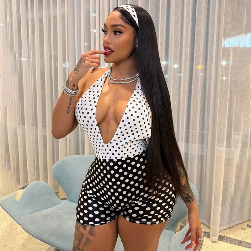 K25Q88463 Cross-Border European and American Style 2026 Spring Women's Color-Block Polka Dot Print Sexy Halter Backless Jumpsuit