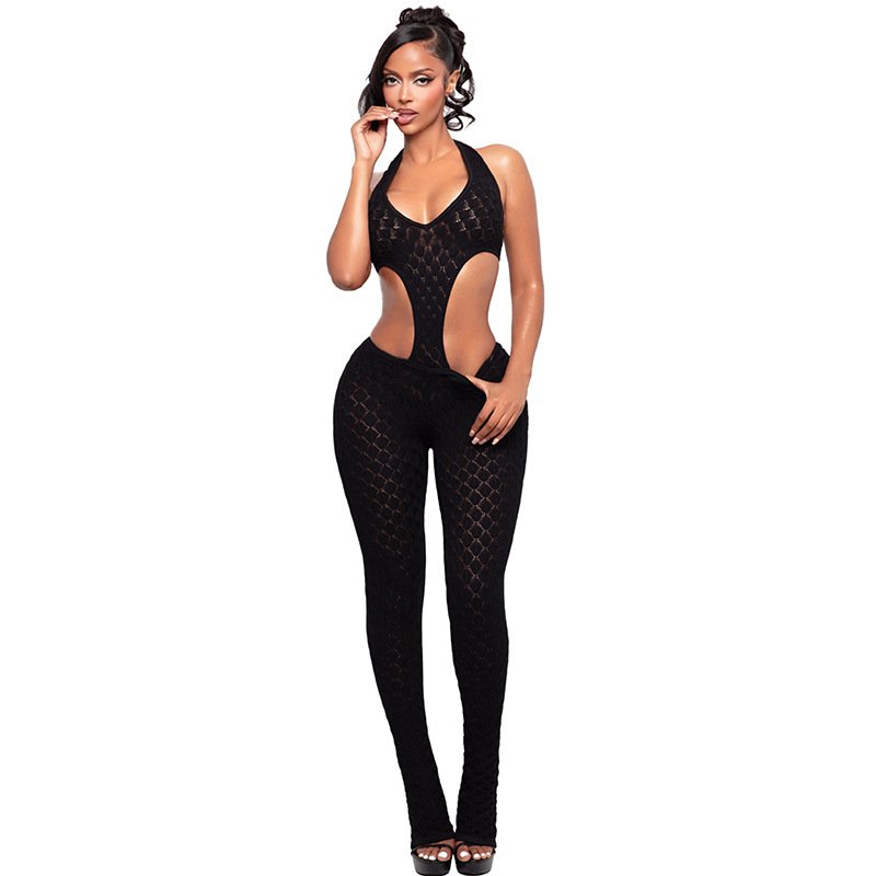 J26Jp067 Foreign Trade European and American Style New Sexy Hot Girl Solid Color See-Through Slim Fit Slimming Knit Deep V Jumpsuit - Image 2
