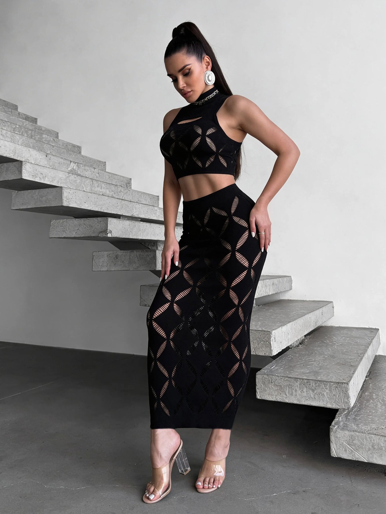 2026 European and American Style Hollow-Out Thick High-Stitch Two-Piece Set Bodycon Skirt High-Neck Bodysuit Hot Girl Nightclub Party Outfit - Image 2