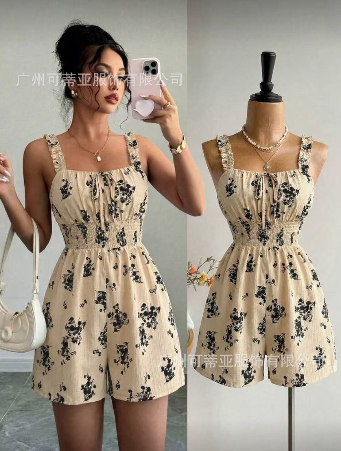 2026 Cross-Border European and American Summer French Floral Strap Jumpsuit New Style Waist-Cinching One-Piece Wholesale