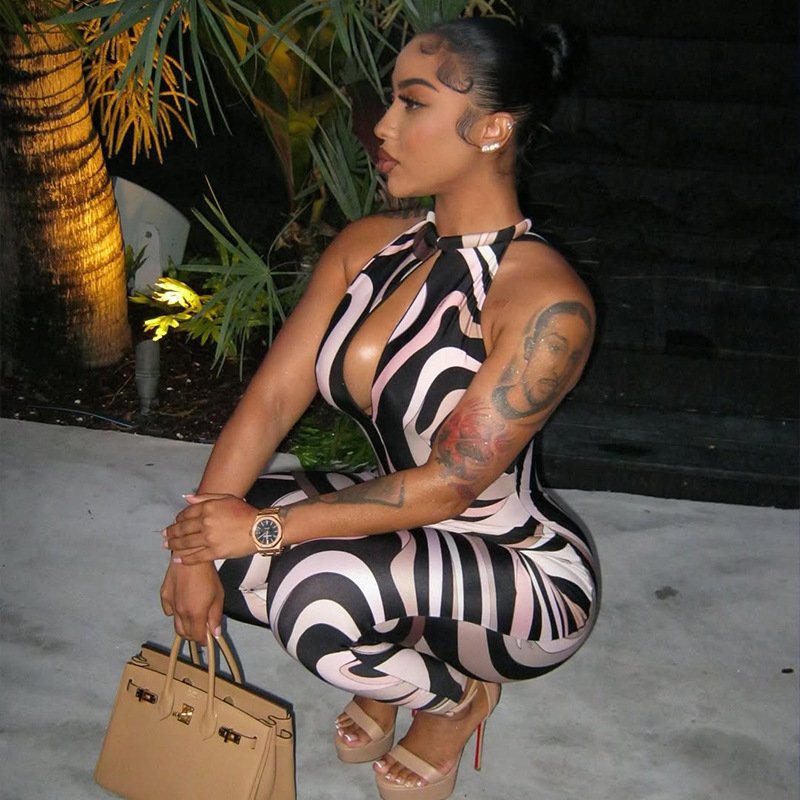 European and American Style Cross-Border Personalized Printed Women's Hollow Slim Fit Hip-Covering Jumpsuit Sleeveless Zebra Pattern Long Jumpsuit Trendy - Image 4