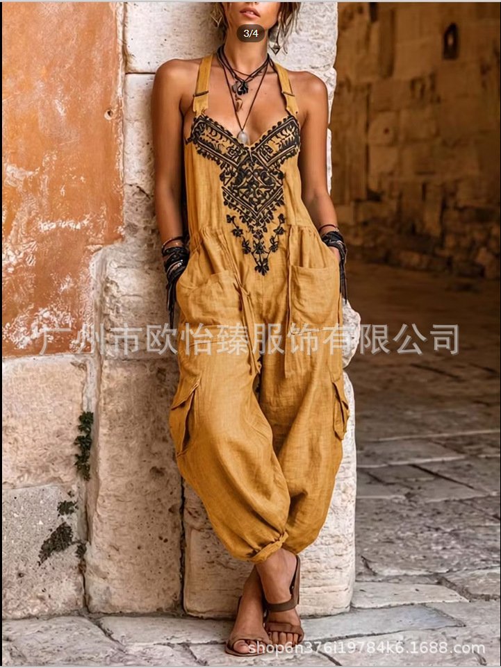 European and American Independent Websites Amazon Aliexpress 2026 Summer New Women's Printed V-Neck Sleeveless Strap Jumpsuit - Image 3