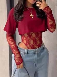 n-Stock European and American Cross-Border Amazon Solid Color Knitted T-Shirt Patchwork Transparent Lace Women's Long-Sleeve Sexy Bodysuit - Image 7