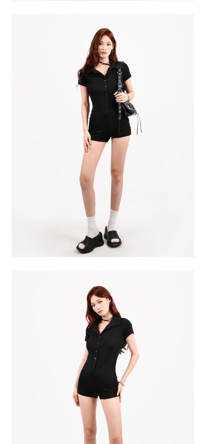 European and American Cross-Border Women's Clothing European Station Threaded Lapel Buttoned Basic Short-Sleeved Jumpsuit Summer Hip-Covering Shorts - Image 6