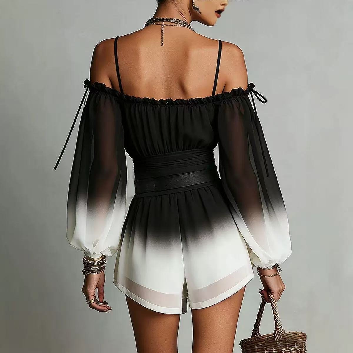 2026 Summer European and American Cross-Border~New Off-Shoulder Gradient Jumpsuit with Sexy Tie-Waist Fashionable Shorts with Belt - Image 3