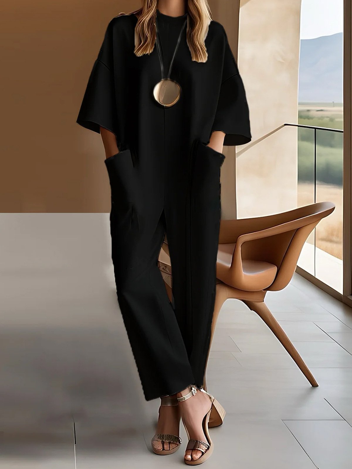 2025 European and American Fashion Amazon Independent Site Round Neck Quarter Sleeve Pocket Solid Color Long Jumpsuit - Image 3