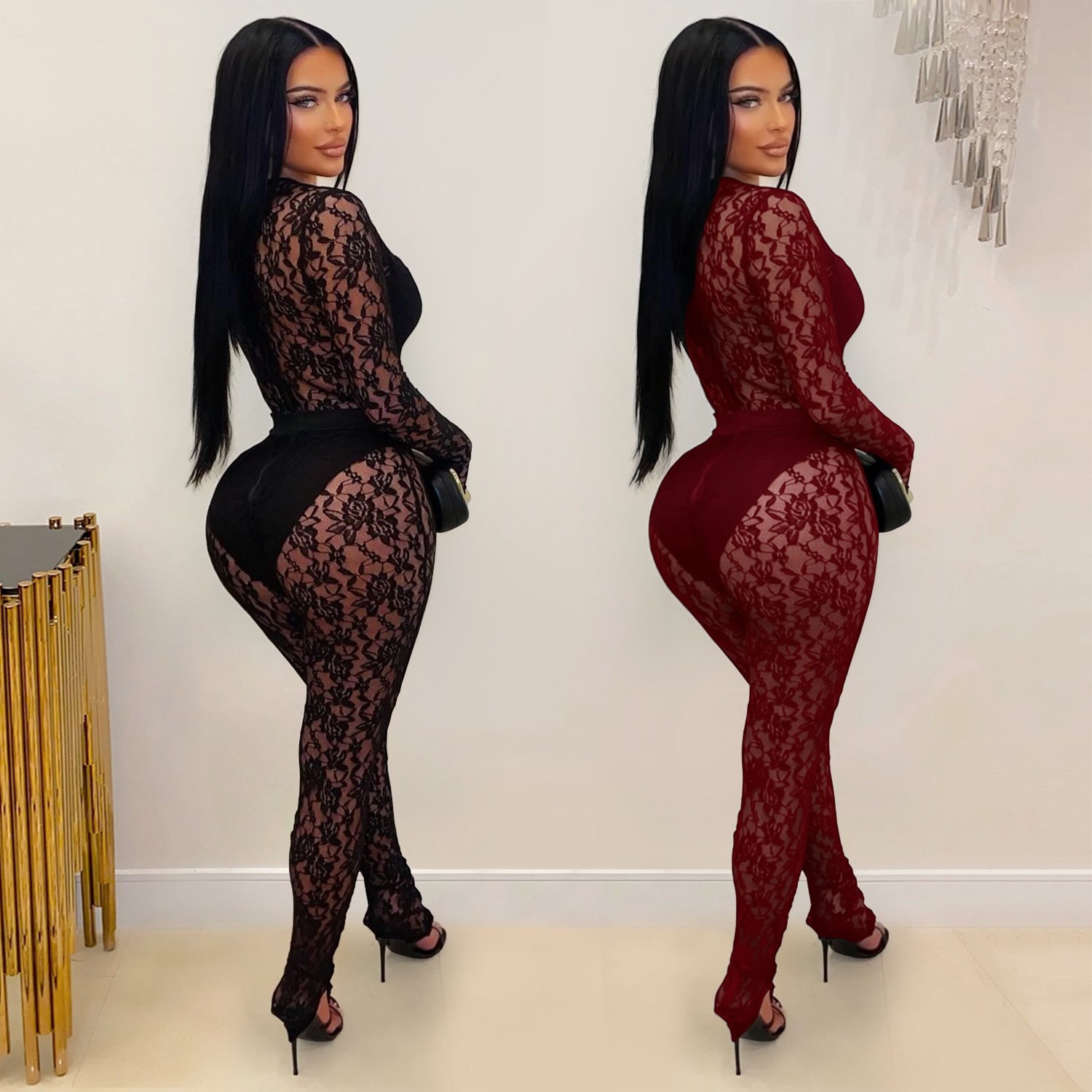 C7637 Cross-Border Aliexpress Amazon European and American Fashion Women's Sexy See-Through Lace Slim-Fit Bodycon Jumpsuit - Image 4