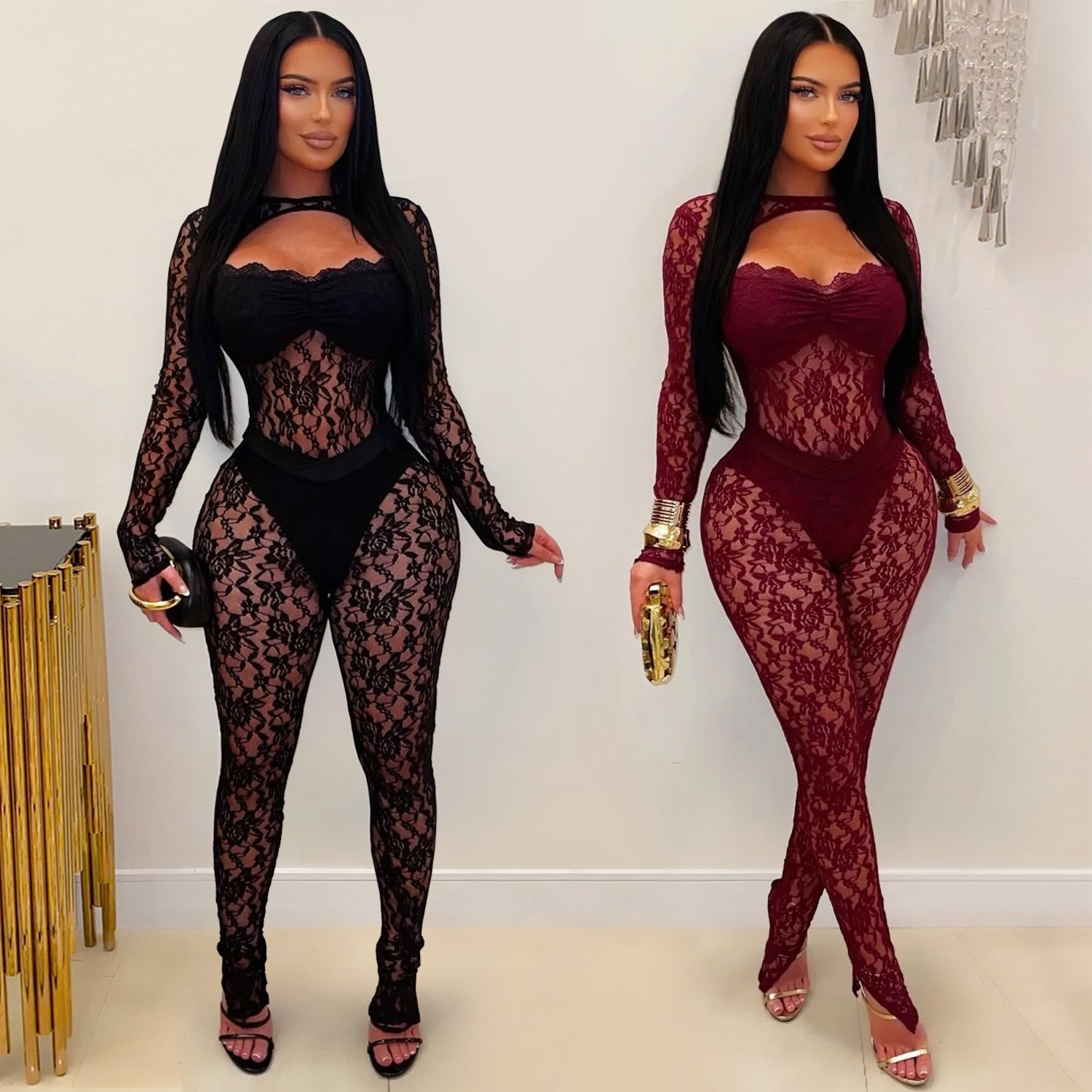 C7637 Cross-Border Aliexpress Amazon European and American Fashion Women's Sexy See-Through Lace Slim-Fit Bodycon Jumpsuit