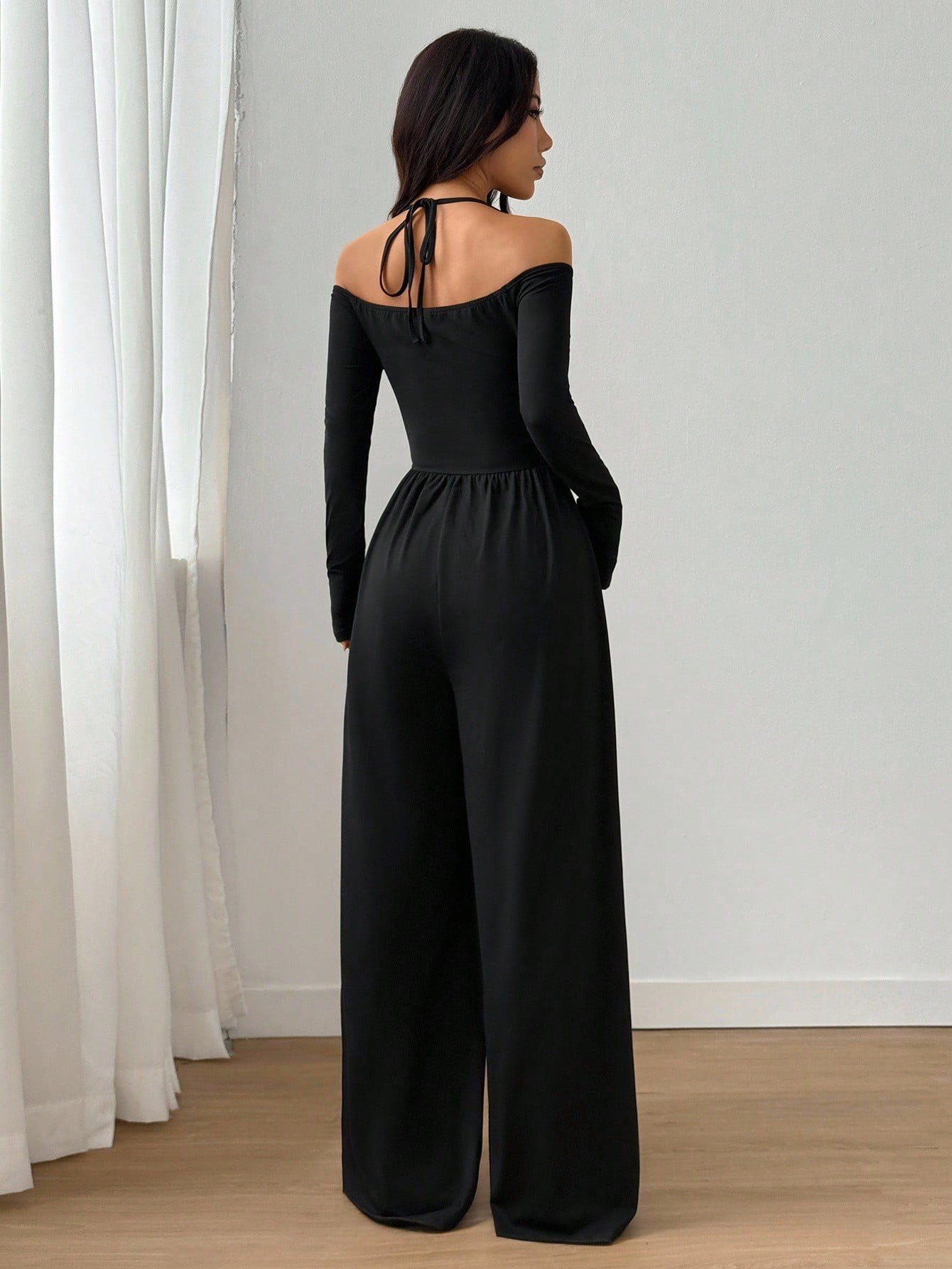 European and American Style Short-Sleeve Cross-Border New V-Neck Tie Long-Sleeve Jumpsuit for Women, Waist-Cinching Wide-Leg Pants, European and American Style Casual - Image 11