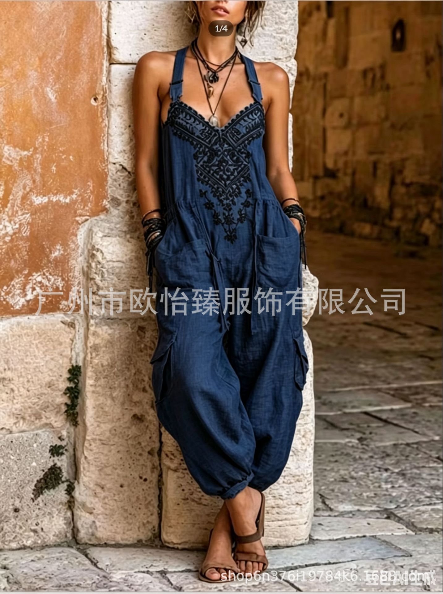 European and American Independent Websites Amazon Aliexpress 2026 Summer New Women's Printed V-Neck Sleeveless Strap Jumpsuit - Image 6
