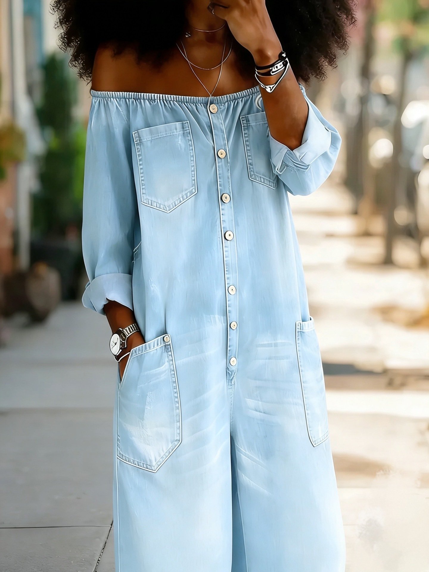 2026 Spring Collection Amazon New Women's Fashion European and American Style Spring and Autumn Sexy Single-Breasted Off-Shoulder Denim Jumpsuit - Image 5