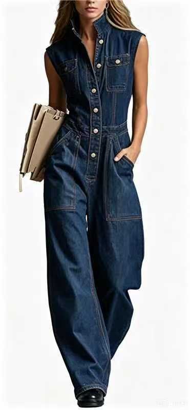 European and American Cross-Border Tight-Waist Washed Denim Jumpsuit Straight Loose Sleeveless Overalls Sym13007