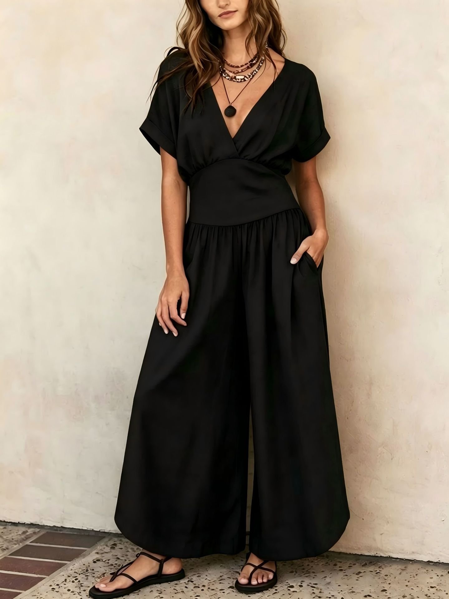 2026 European and American Cross-Border Spring and Summer New Amazon Elegant Waist-Cinching V-Neck Casual Stylish Women's Jumpsuit - Image 3