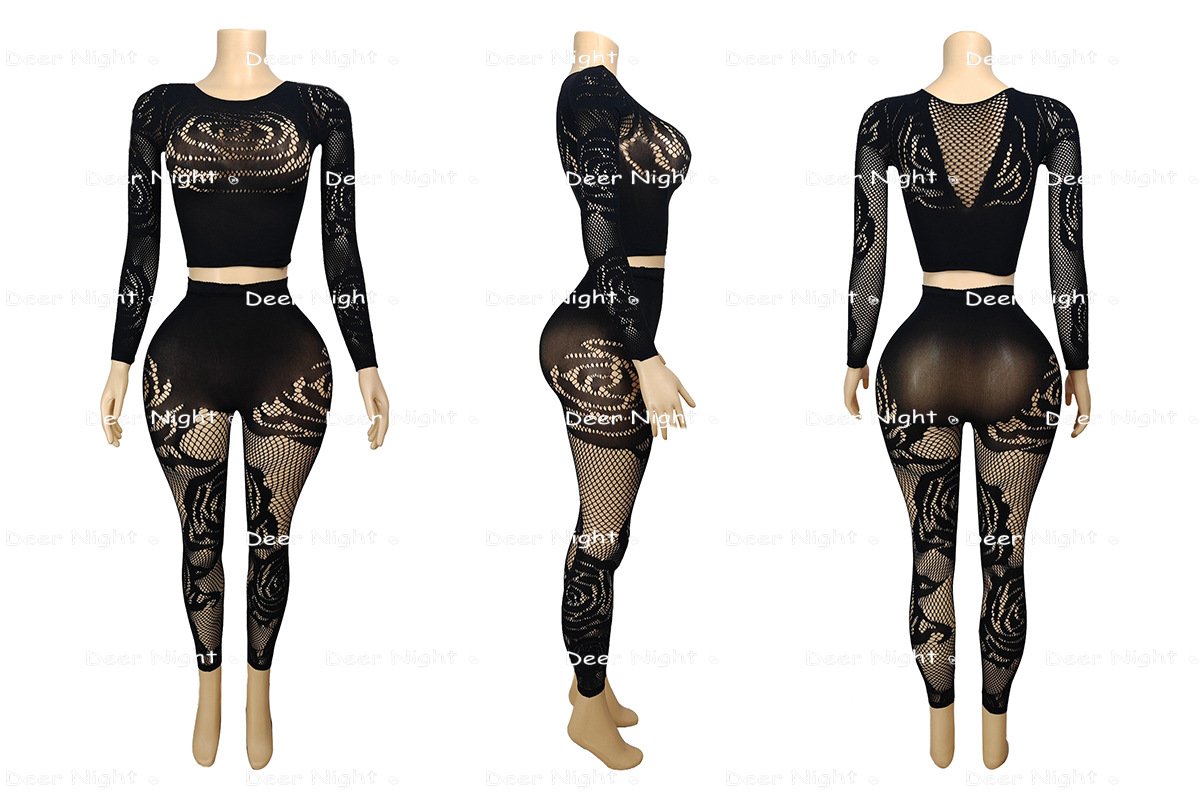European and American Style Sexy Rose Fishnet Two-Piece Set: High-Elastic See-Through Long-Sleeve Top + Tight Pants for Hot Girls' Nightclub Party Outfit - Image 5