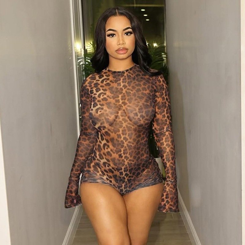 European and American 2026 Summer New Women's Fashion Sexy Hot Girl Style Flared Long-Sleeve Color-Block Leopard Print Backless Sexy Jumpsuit Shorts