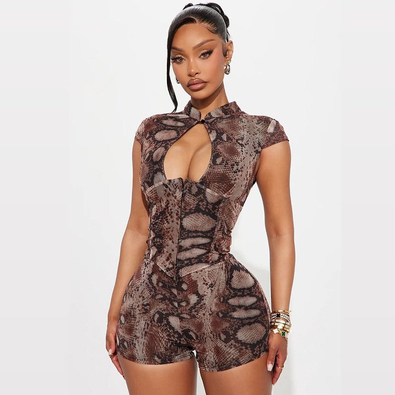 J26Rp251 Sexy Hot Girl European and American Fashion Hot-Selling Printed Sleeveless Slim-Fit Front Cutout Jumpsuit Shorts - Image 2
