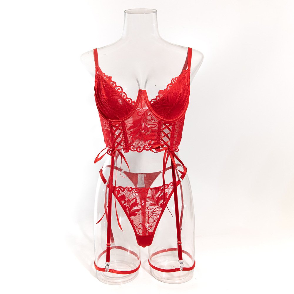 European and American Cross-Border Sexy Solid Color Women's Half-Body Lace Trim Underwire Gathered Drawstring Waist and Leg Ring Set - Image 10