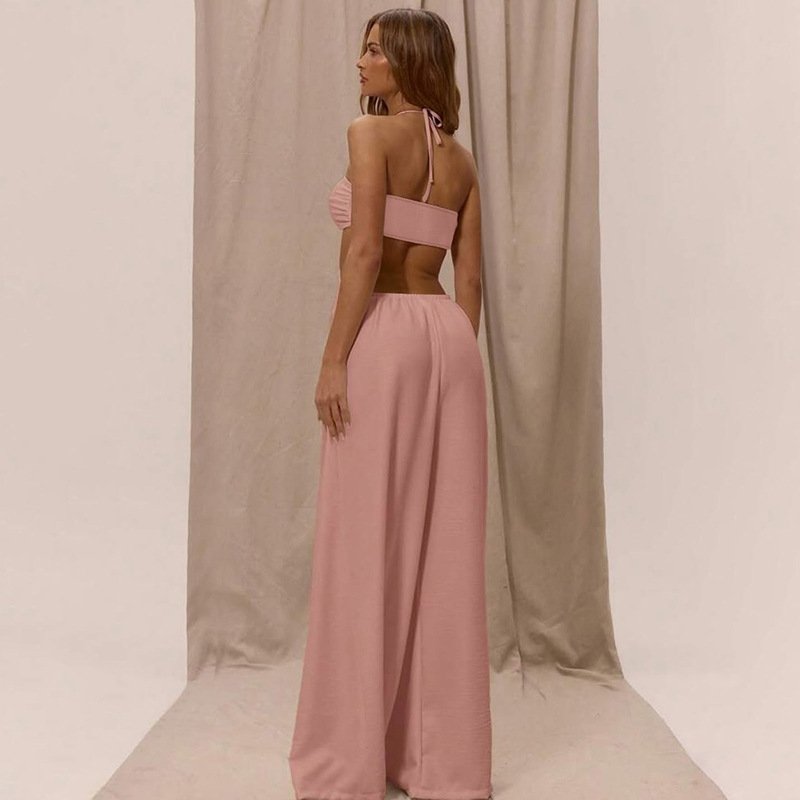 European and American Style 2026 Summer New Cross-Border Vacation Style Sexy Hollow-Out Solid Color Halter Tie Slim-Fit Jumpsuit for Women - Image 5