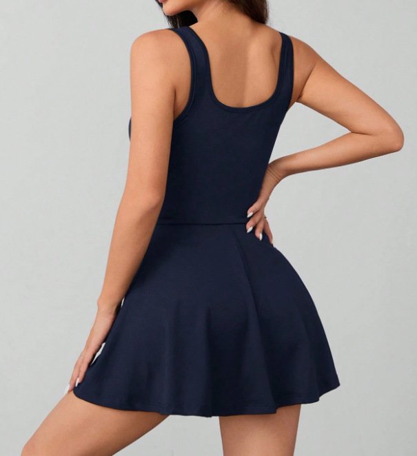 European and American 2025 Cross-Border Amazon Skirt-Style One-Piece Backless Solid Color Tank Top Anti-Exposure Sports Fitness Casual Style - Image 10