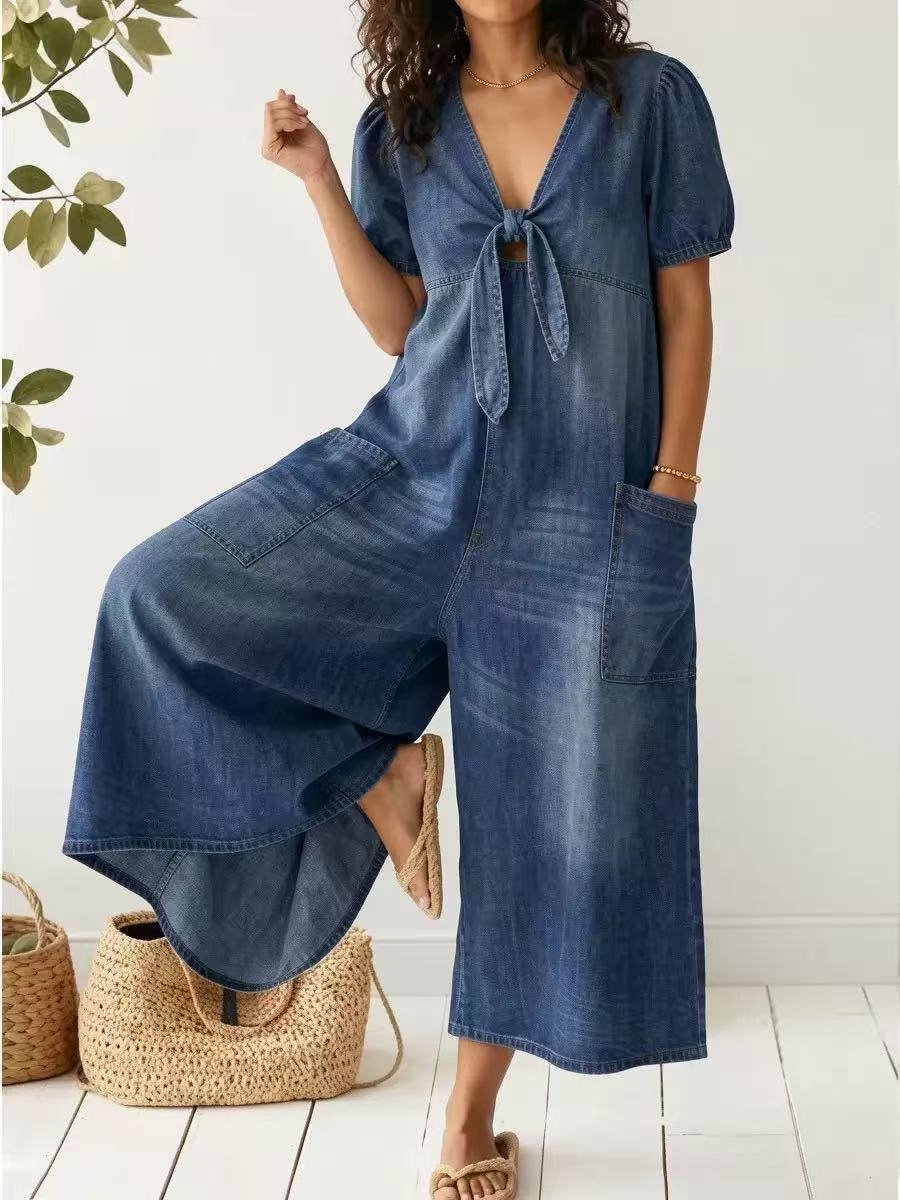 New European and American Style Spring/Summer Women's Casual Loose Short-Sleeve V-Neck Washed Denim Pocket Jumpsuit Yx2026046 - Image 2
