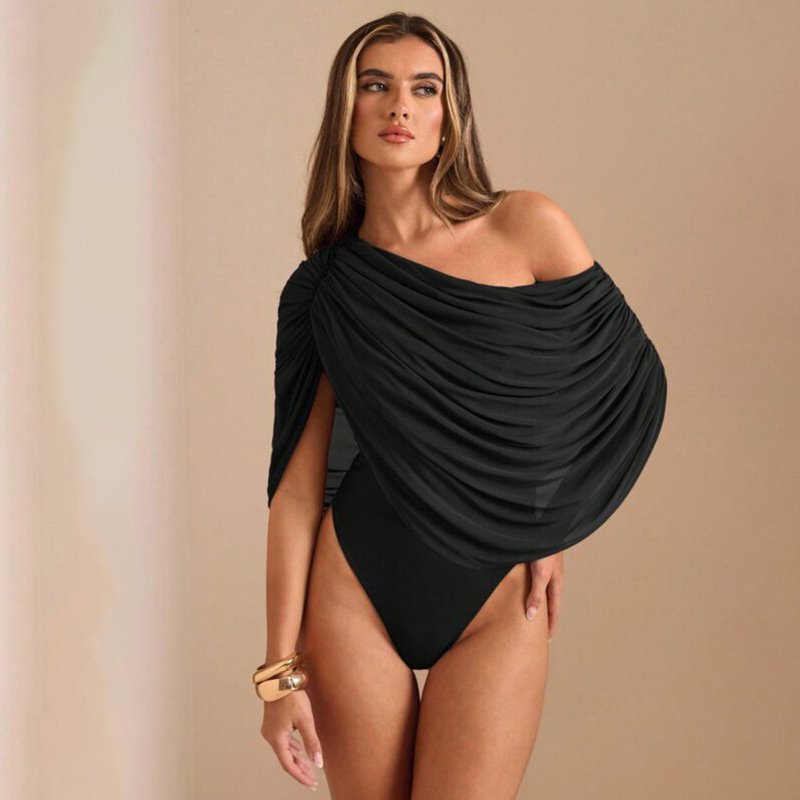 C26Bs029 European and American Women's Clothing Summer New Solid Color Casual Off-Shoulder Sleeveless Slim Mesh Ruched Jumpsuit for Women - Image 5
