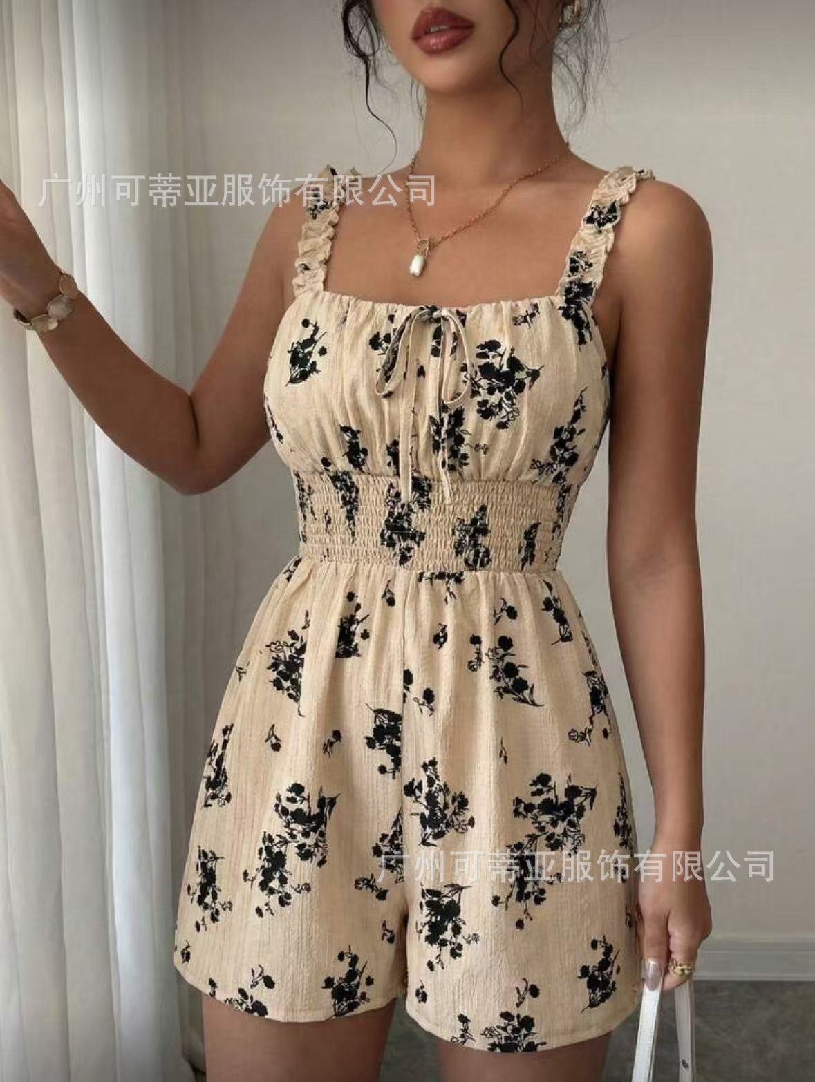 2026 Cross-Border European and American Summer French Floral Strap Jumpsuit New Style Waist-Cinching One-Piece Wholesale - Image 3