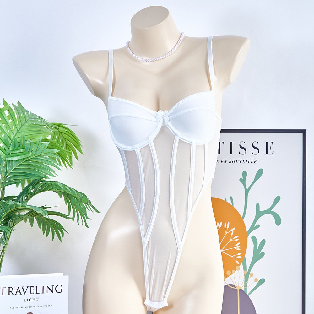 Russian European and American Style Sexy Slimming Mesh Patchwork High-Waisted Hollow-Out Strapless One-Piece Steel Ring Women's Clothing - Image 8