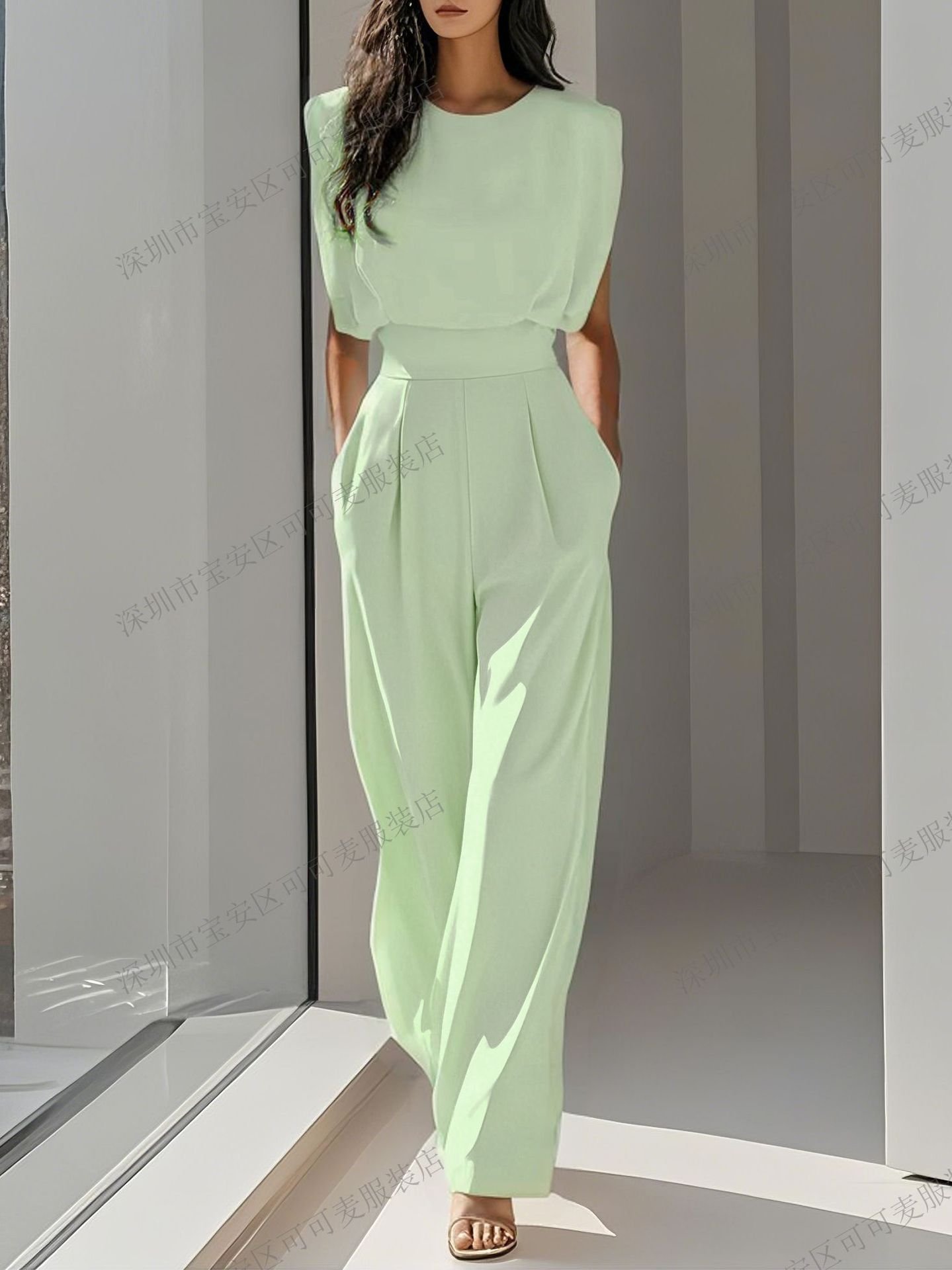 Cross-Border Foreign Trade European and American Stylish New Women's Fashion Elegant Summer Solid Color Waist-Slimming Jumpsuit - Image 3