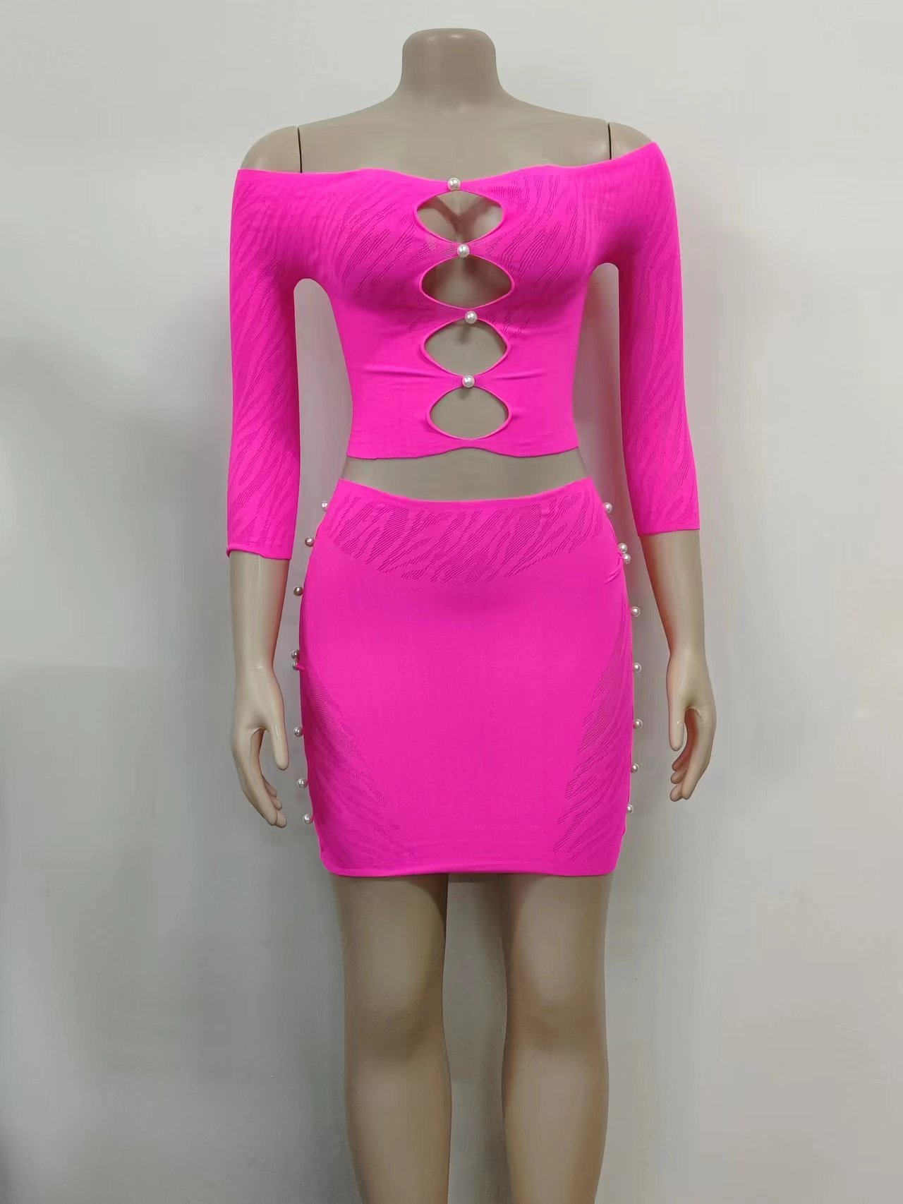 European and American nightclub style sexy nail pearl tight long sleeve jumpsuit hip skirt split two-piece set - Image 4