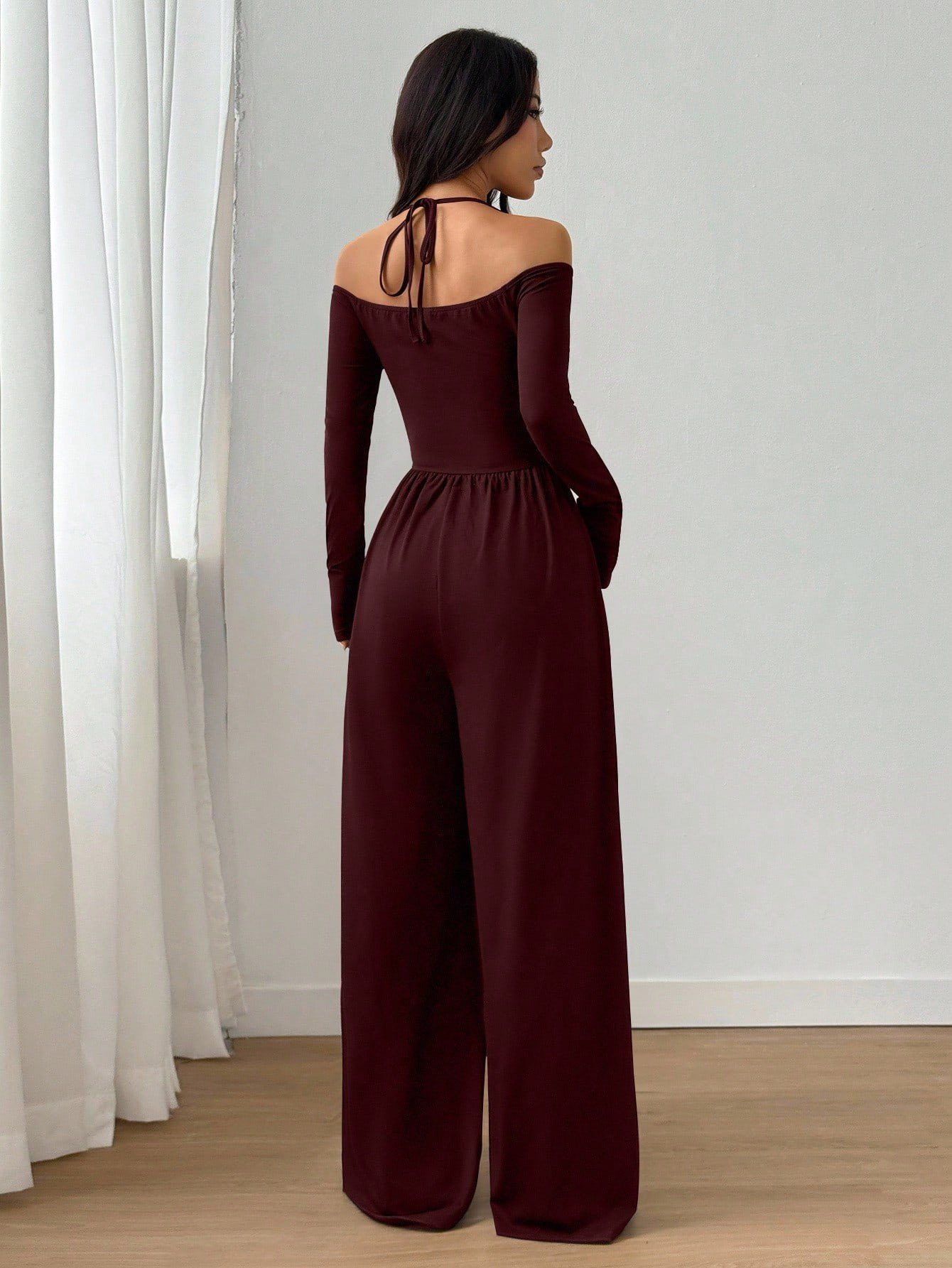 European and American Style Short-Sleeve Cross-Border New V-Neck Tie Long-Sleeve Jumpsuit for Women, Waist-Cinching Wide-Leg Pants, European and American Style Casual - Image 9