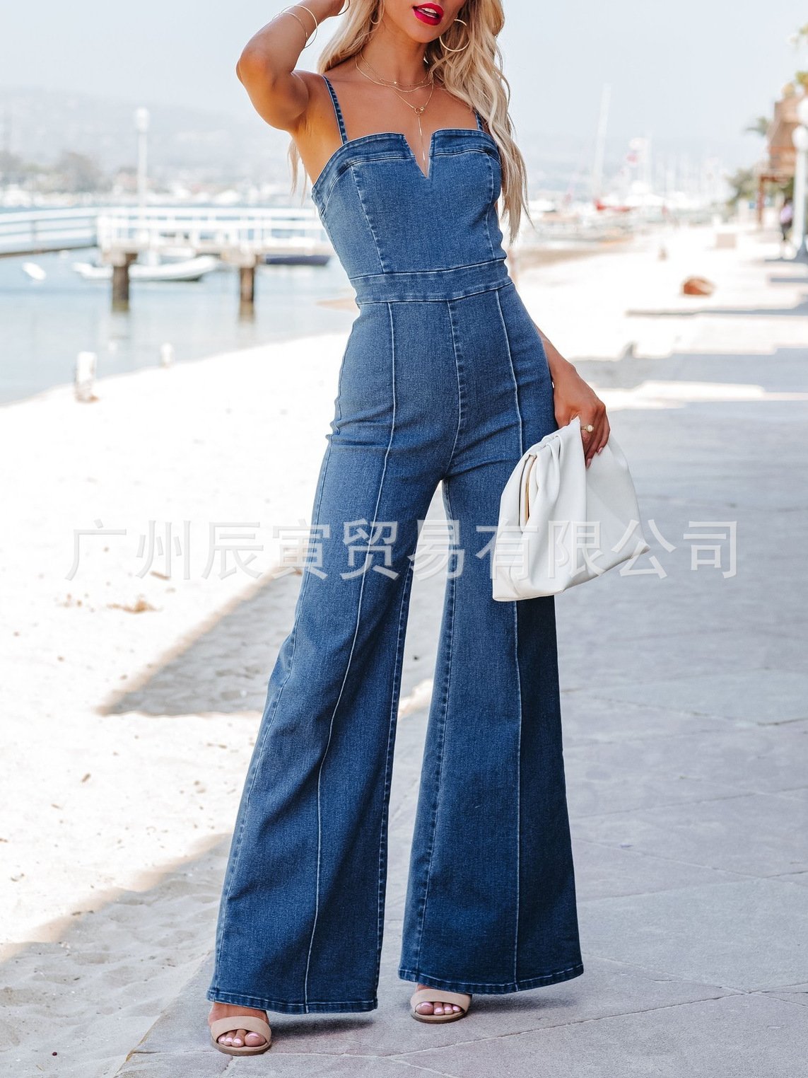 ins new European and American women's summer jumpsuit · cotton washed blue Denim suspenders tight skinny high elastic trousers