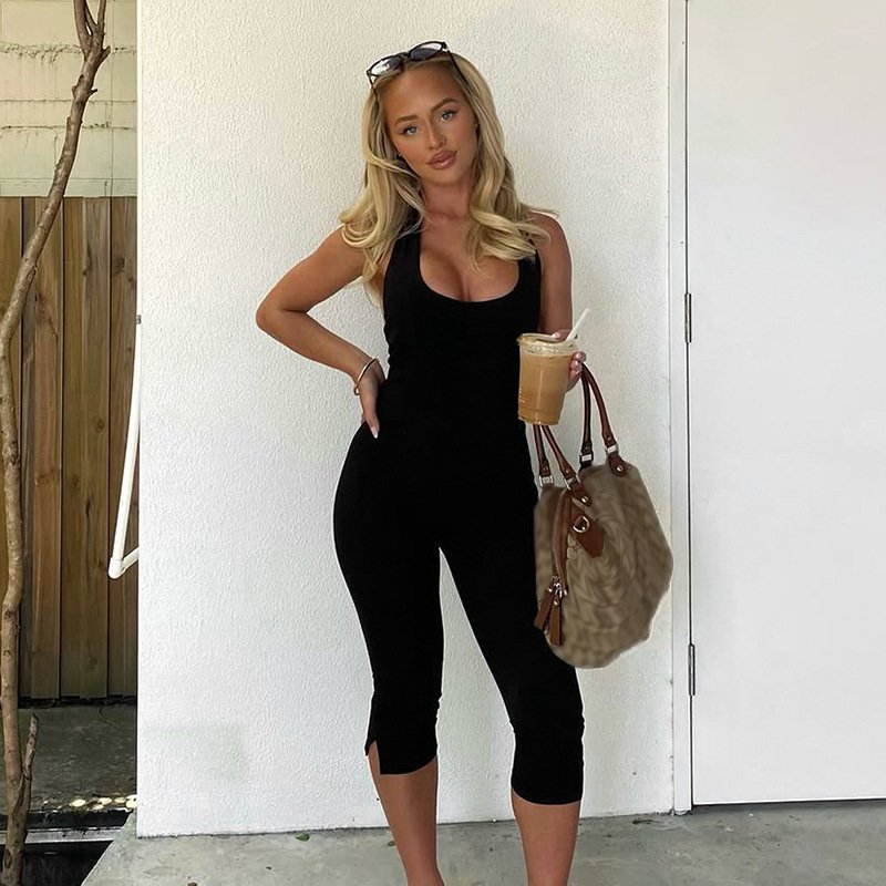 European and American Style Cross-Border Street Casual Women's Solid Color Halter Neck Jumpsuit Backless Fitness Yoga Slim-Fit Shorts