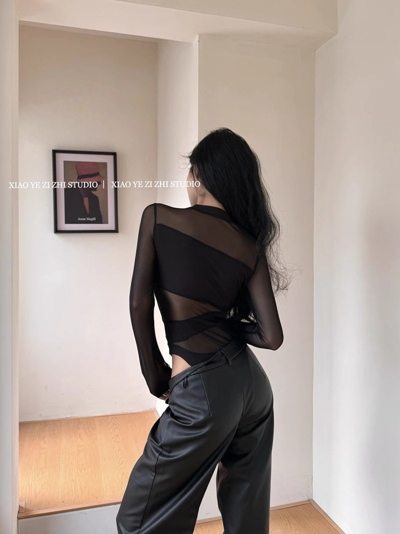 Foreign Trade Cross-Border Spring and Summer New Sexy Sexy Mesh Splicing Bottoming Shirt Women's Slim Fit Inner Cut Out One-Piece Top Price Starting quantity - Image 4
