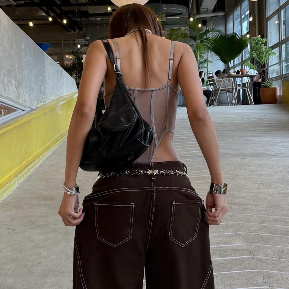 Russian European and American Style Sexy Slimming Mesh Patchwork High-Waisted Hollow-Out Strapless One-Piece Steel Ring Women's Clothing - Image 2
