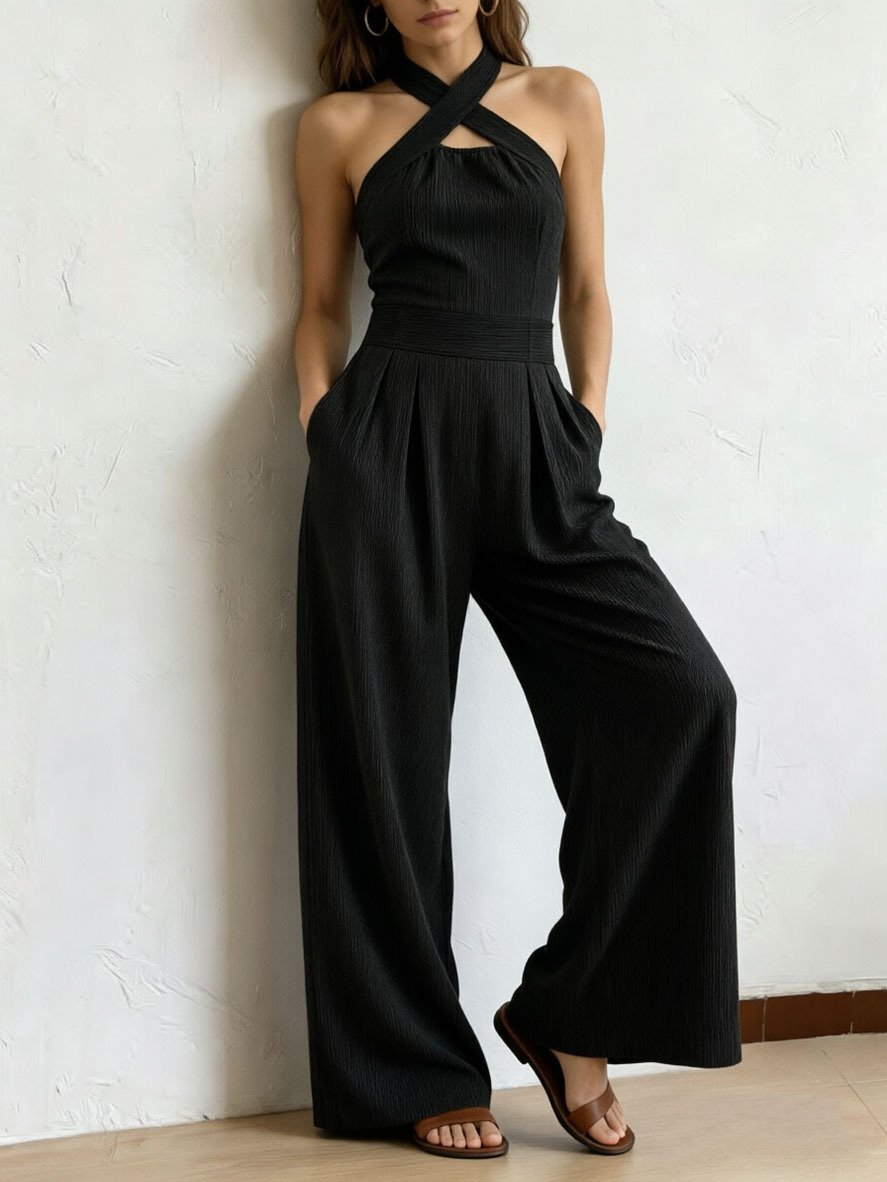 European and American Cross-Border Summer Elegant Off-Shoulder Sleeveless Cross Halter Jumpsuit with Waist-Cinching Wide-Leg Pants in Solid Color Woven Stripes - Image 5