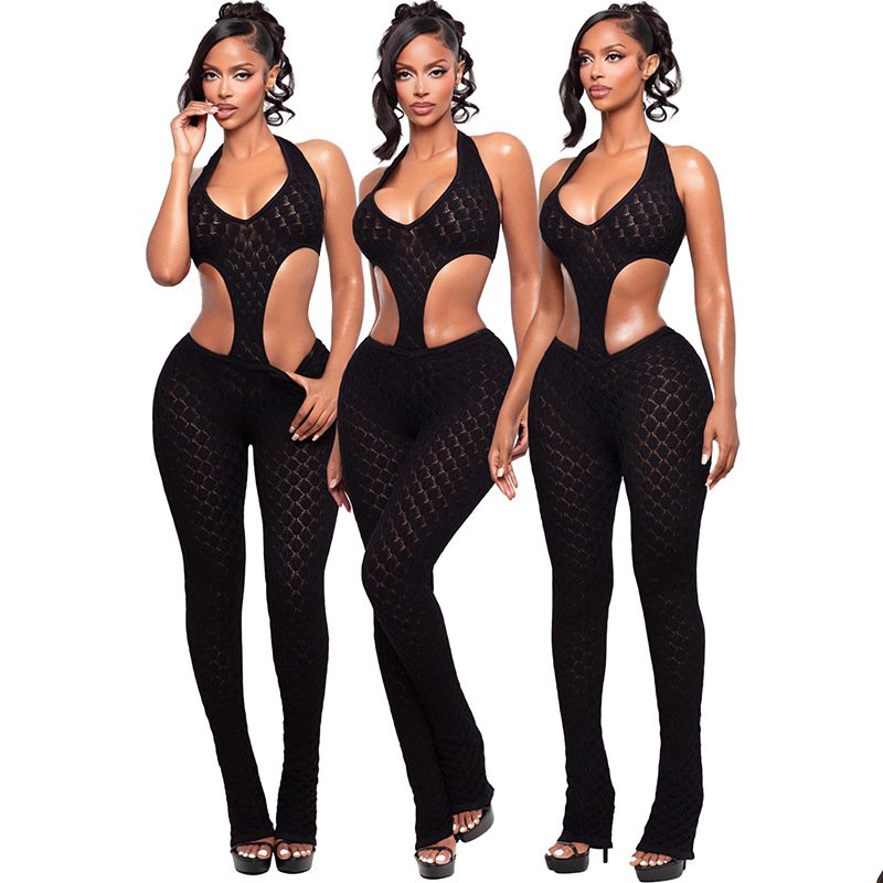 J26Jp067 Foreign Trade European and American Style New Sexy Hot Girl Solid Color See-Through Slim Fit Slimming Knit Deep V Jumpsuit