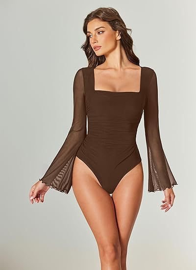 Cross-Border Amazon New Summer Style Sexy Mesh Patchwork Square-Neck Bodysuit European and American Tight-Fitting Inner Bodysuit for Women