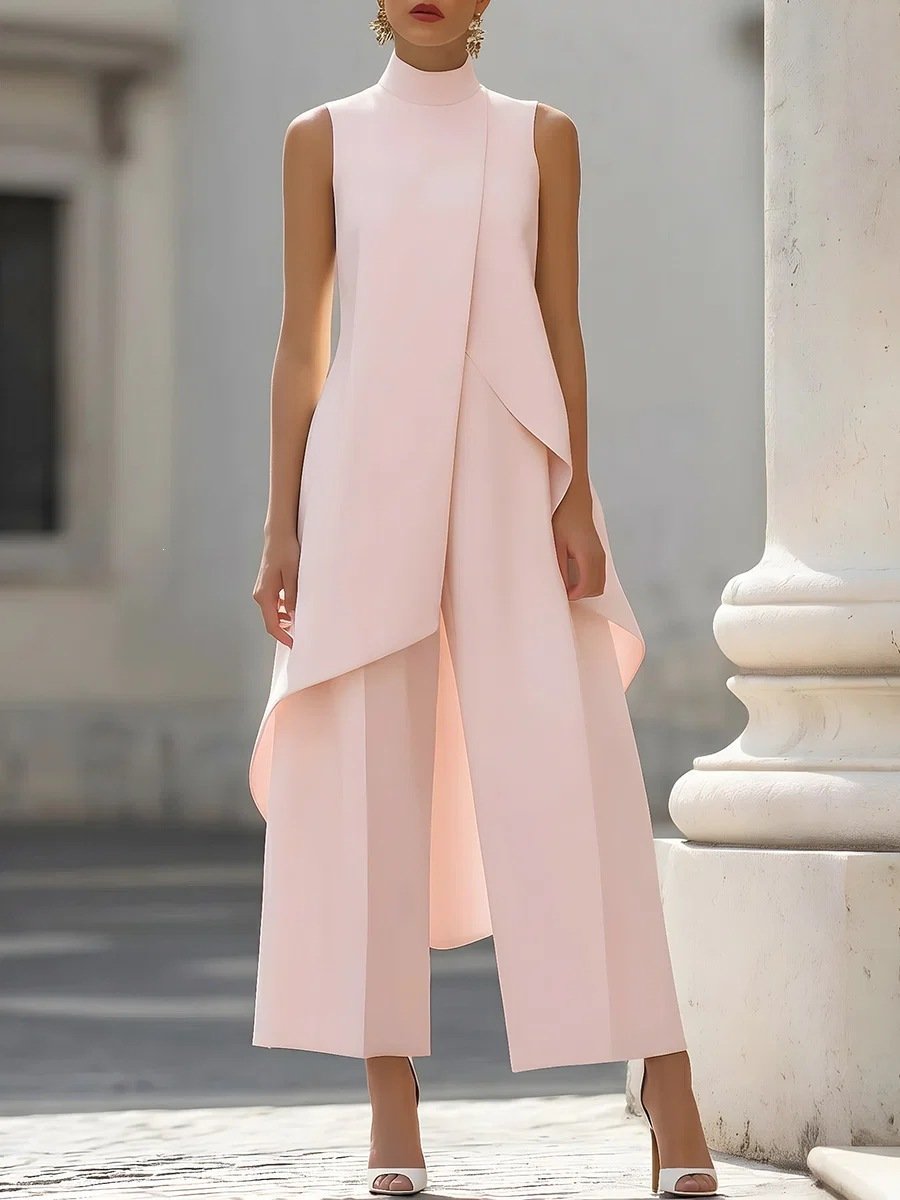 2026 European and American Fashion New Style, Slim-Fit Irregular Design for Work, Elegant High-Neck Sleeveless Faux Two-Piece Jumpsuit - Image 3