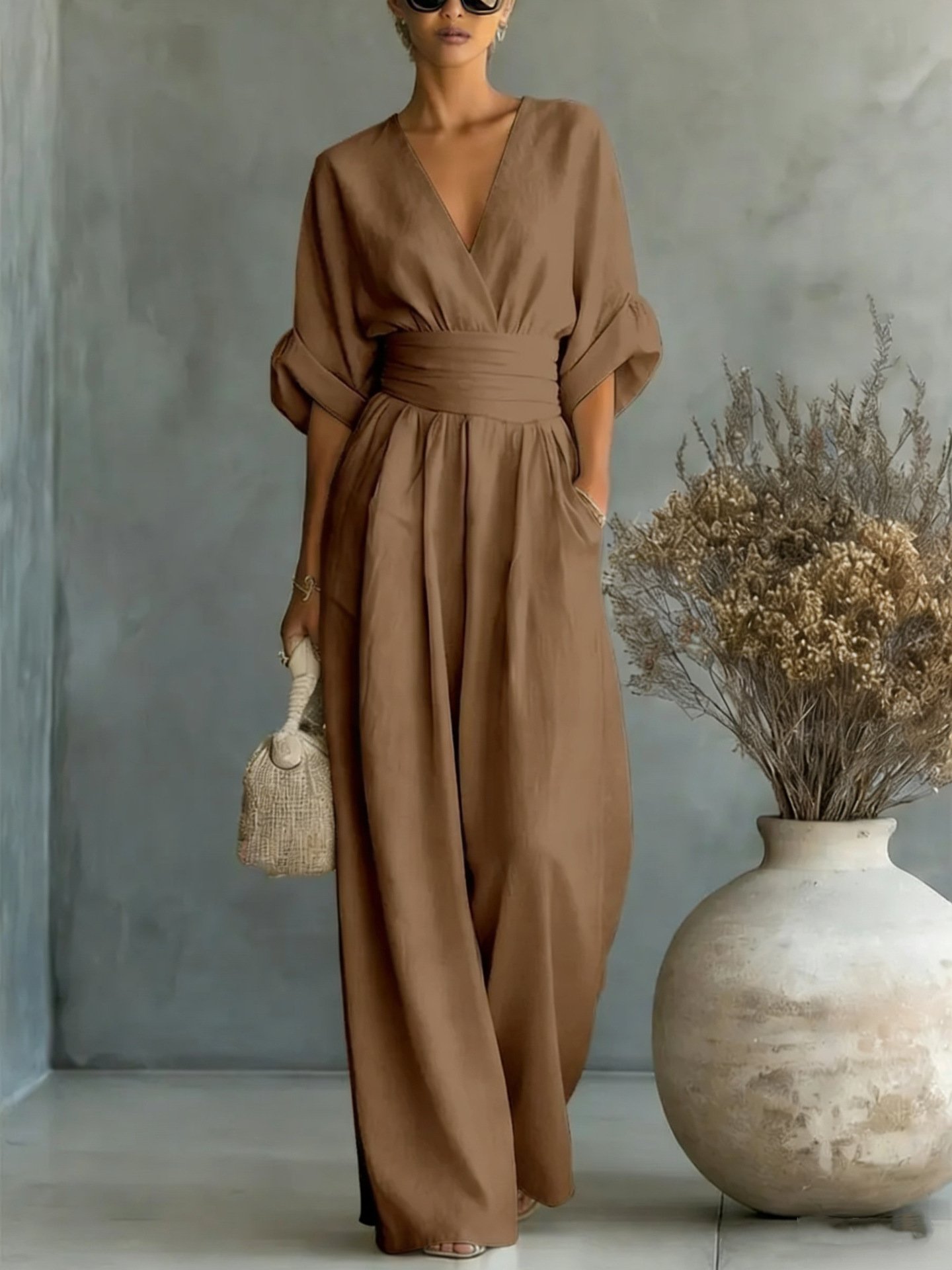 In-Stock 2026 European and American Cross-Border Spring/Summer New Amazon Elegant Waist-Cinching V-Neck Stylish Women's Jumpsuit - Image 6