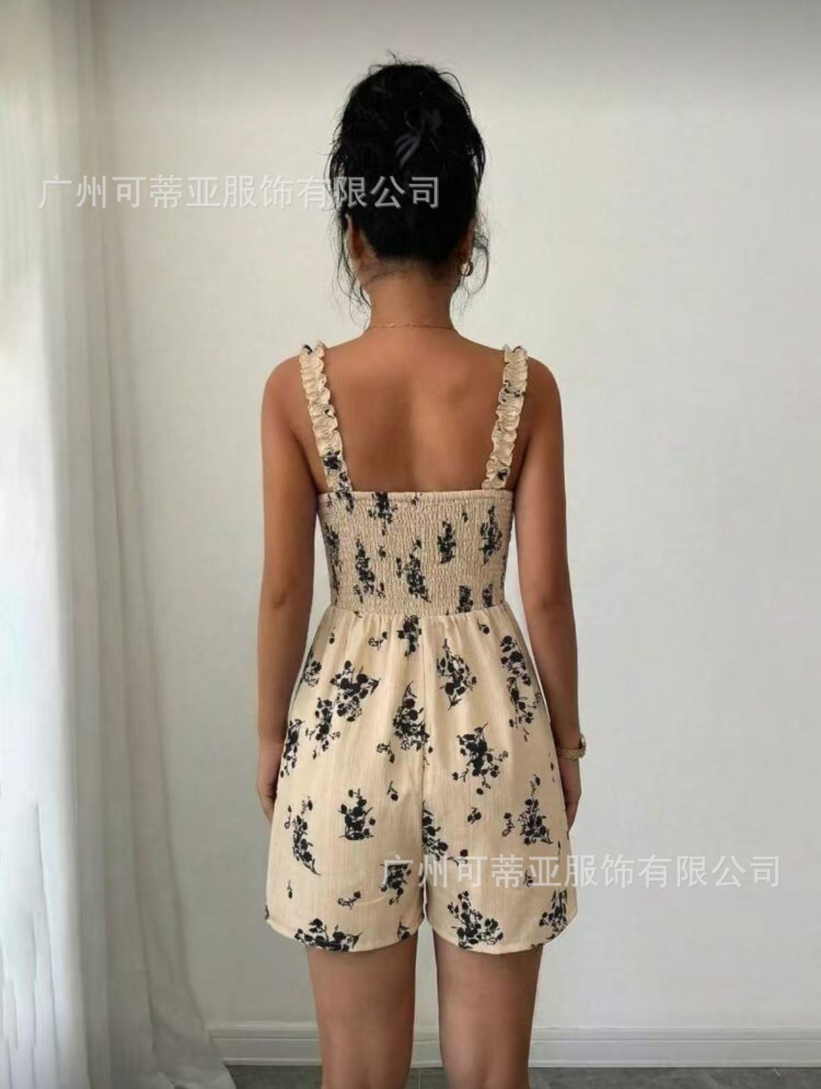 2026 Cross-Border European and American Summer French Floral Strap Jumpsuit New Style Waist-Cinching One-Piece Wholesale - Image 4