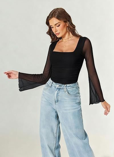 Cross-Border Amazon New Summer Style Sexy Mesh Patchwork Square-Neck Bodysuit European and American Tight-Fitting Inner Bodysuit for Women - Image 10