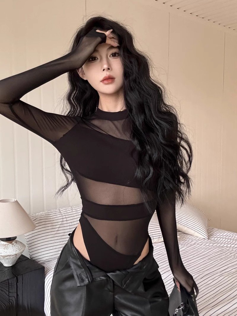 Foreign Trade Cross-Border Spring and Summer New Sexy Sexy Mesh Splicing Bottoming Shirt Women's Slim Fit Inner Cut Out One-Piece Top Price Starting quantity