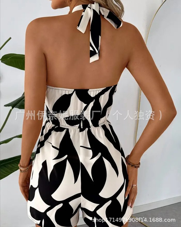 2025 Amazon Hot Selling European and American Sexy Spring Summer with Leaf Printed Elathe Collar Monkey jumpsuit - Image 4