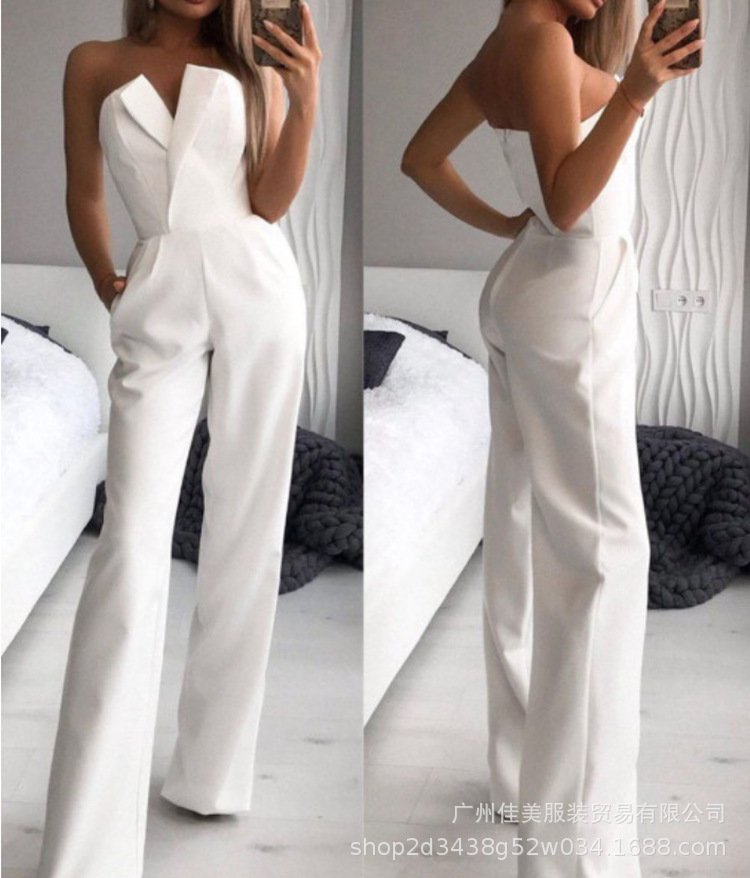 Cross-Border New European and American Foreign Trade Spring and Summer Solid Color Splicing Slim Fit One-Piece Sleeveless Long-Sleeve Off-Shoulder Jumpsuit - Image 2