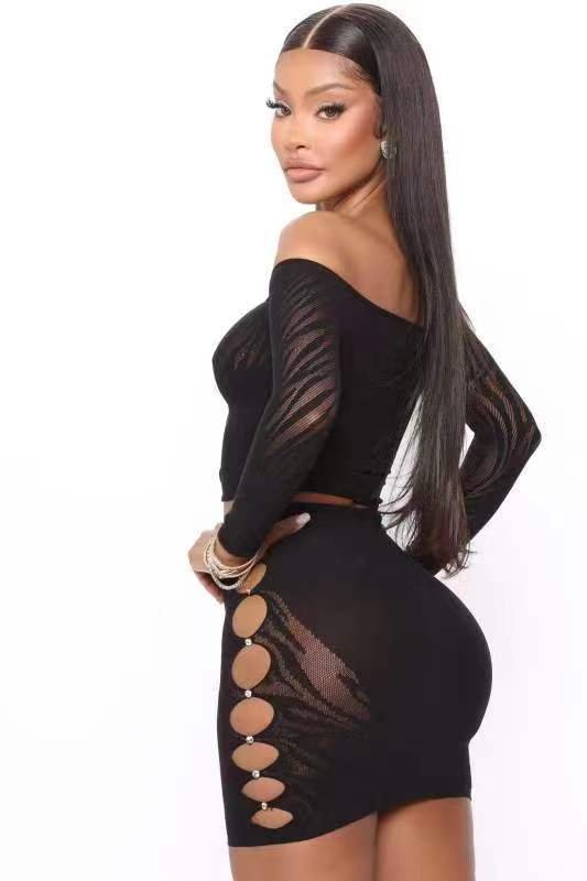 European and American nightclub style sexy nail pearl tight long sleeve jumpsuit hip skirt split two-piece set - Image 2