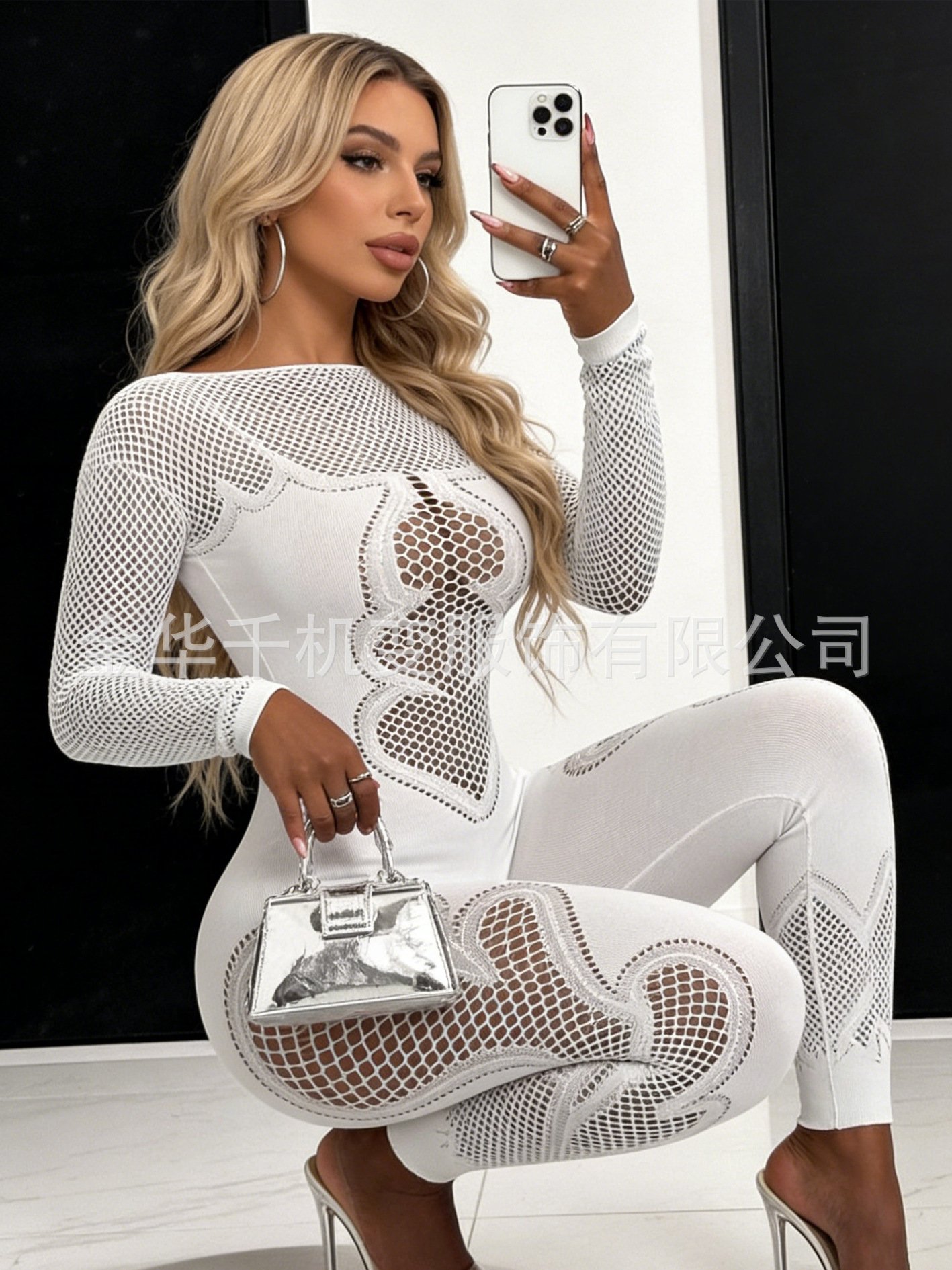 European and American Amazon 2024 New Summer Women's Clothing Round Neck Plain Hollow-Out Pleated Sexy Nightclub Style Jumpsuit for Women - Image 5