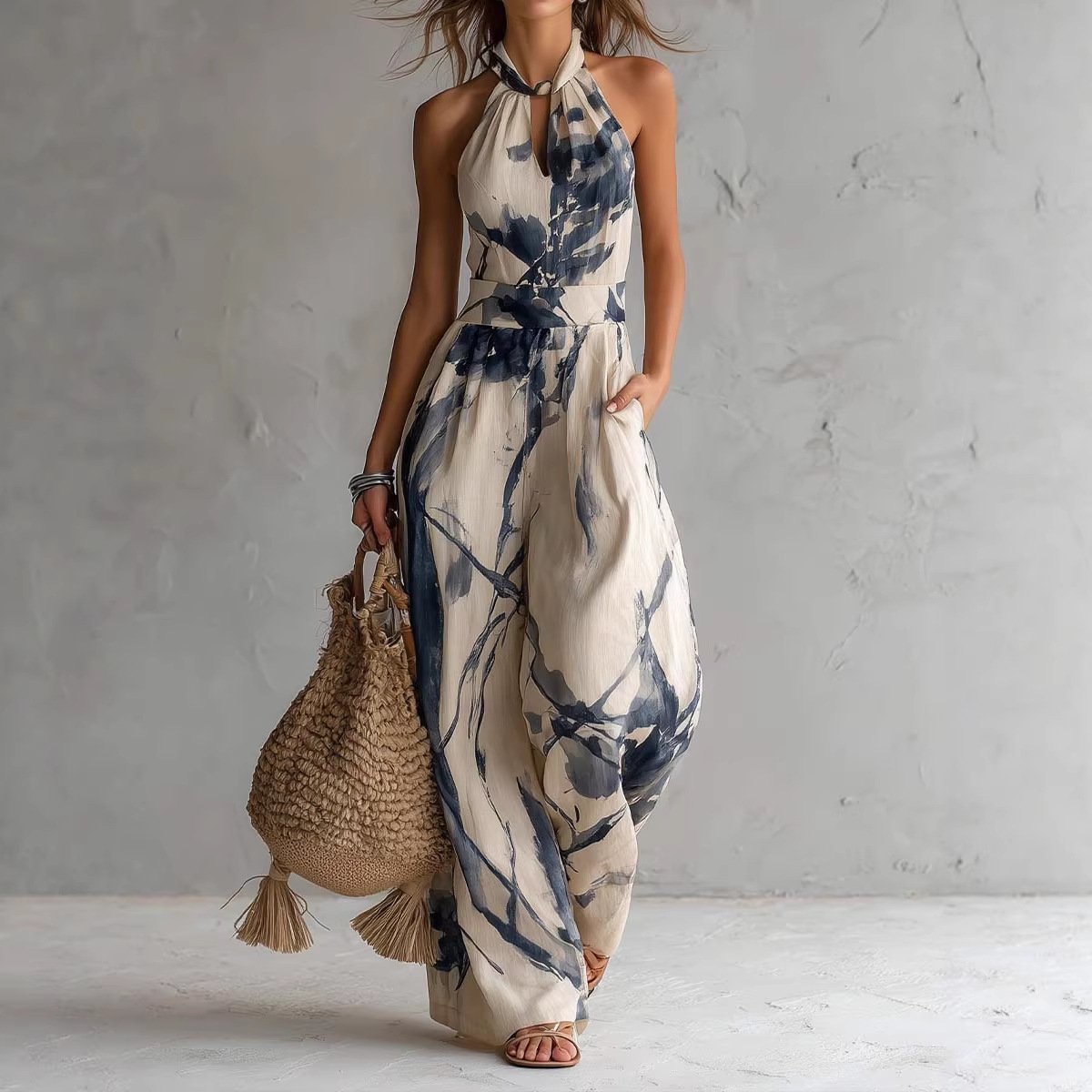 2026 European and American Women's Fashion Amazon Independent Site Spring and Summer Halter Neck Digital Print Backless Sleeveless Jumpsuit - Image 2