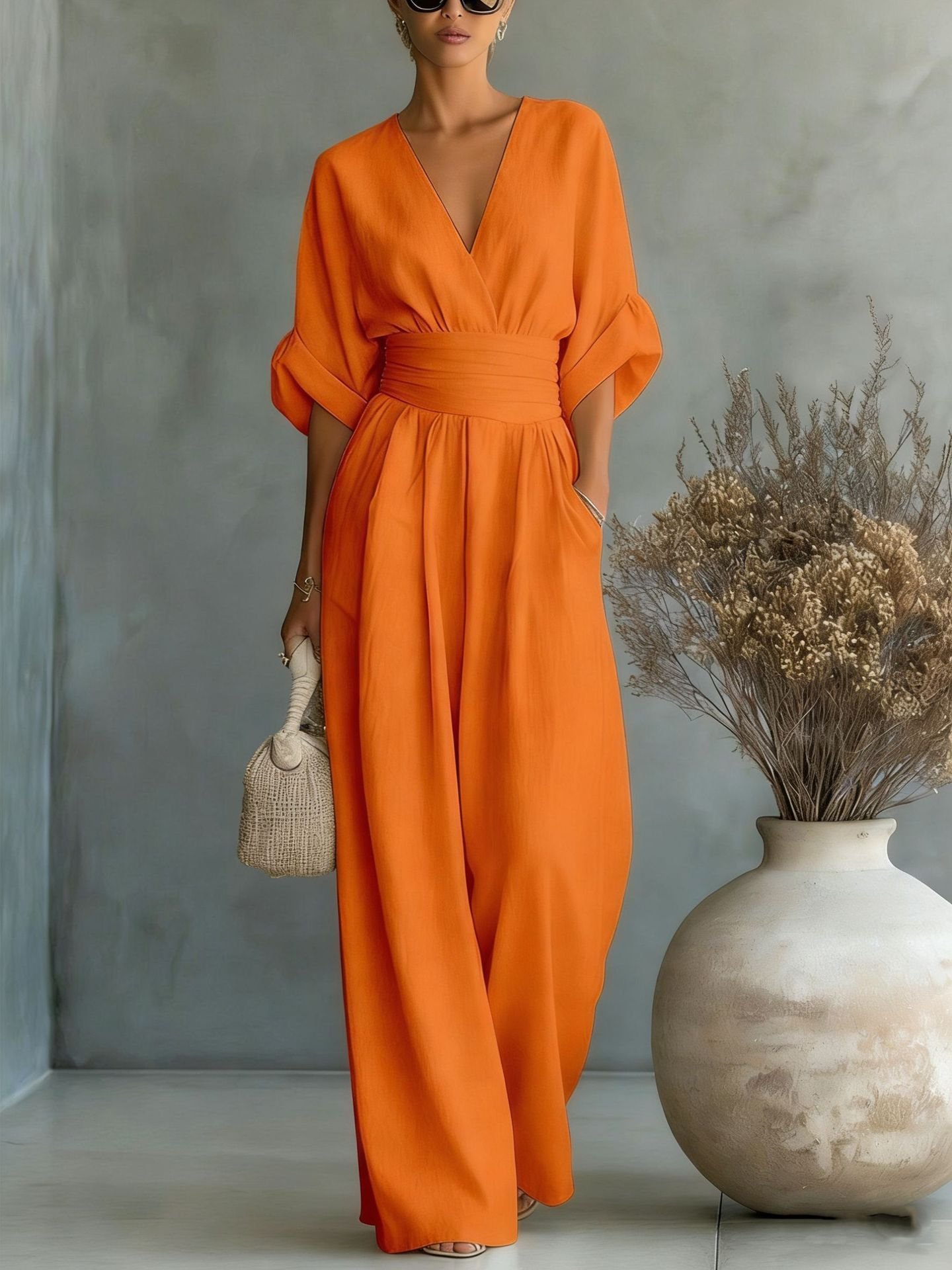 In-Stock 2026 European and American Cross-Border Spring/Summer New Amazon Elegant Waist-Cinching V-Neck Stylish Women's Jumpsuit - Image 3