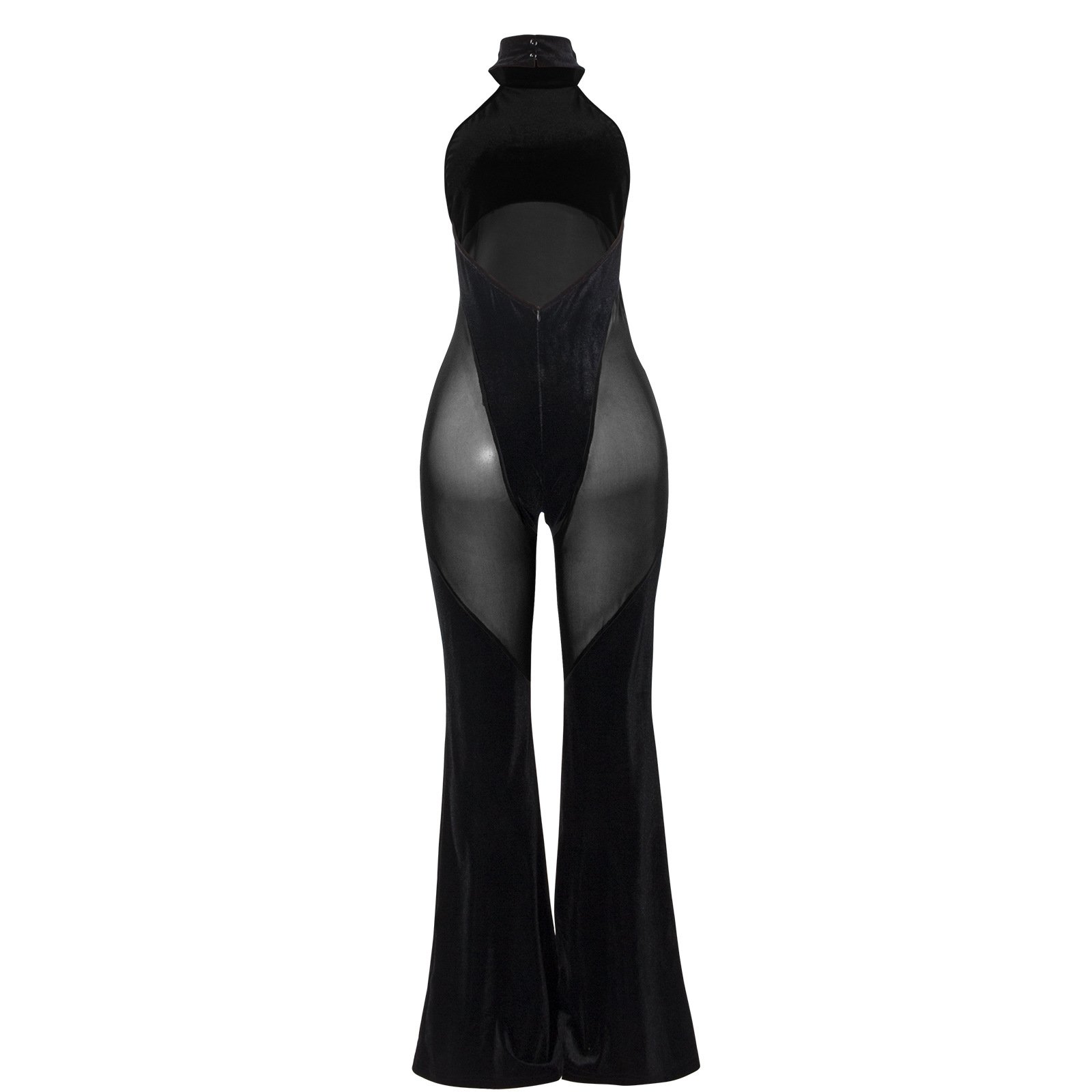 European and American Style Women's Fashion Halter Neck Patchwork Solid Color Sleeveless Mesh Jumpsuit 8628 Spaghetti Strap High-Waisted Sheer Mesh - Image 3